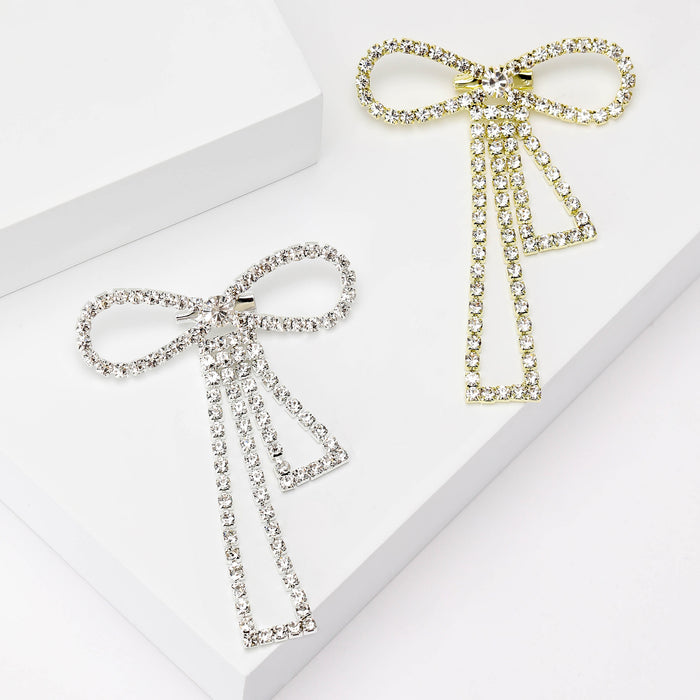 Long Crystal Bow Brooch in Silver and Gold Tone Decorative Lapel Accessory