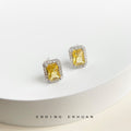Silver Tone Yellow Rectangle Stone Clear Halo Stud Earrings view 3