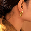 Gold Threaded Double Circle Drop Hoop Earrings Stainless Steel view 3