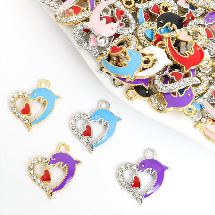 Crystal Heart Dolphin Charms in Six Colors and Two Metal Tones