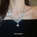 Silver Tone Floral Leaf V Crystal Necklace And Teardrop Earring Set view 3