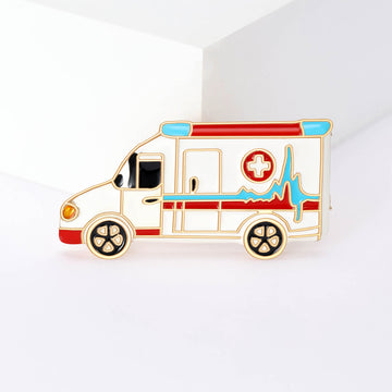 White Enamel Ambulance Brooch ECG Heartbeat Medical Pin
