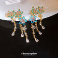 Blue Floral Crystal Chandelier Earrings with Tiered Drops view 2