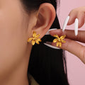 Gold Steel Plumeria Flower Stud Earrings Titanium Steel Pair view 2