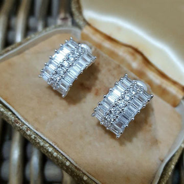 Silver Tone Triple Row Baguette Crystal Huggie Earrings