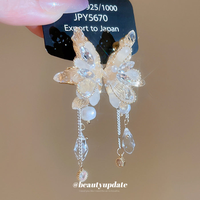 Gold Tone Crystal Butterfly Wing Drop Stud Earrings
