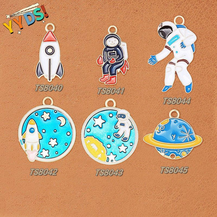Space-Themed Charm Pendant Set with Astronaut Planet Rocket and Satellite