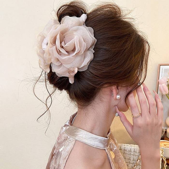 White Mesh Rose Hair Claw With Pearl Accents Decorative Updo Accessory