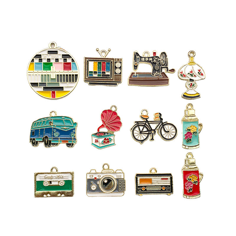 Vintage Enamel Zinc Alloy Bicycle Sewing Machine Camera Charm Pendant for DIY Jewelry Making