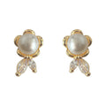 Gold Tone White Pearl Flower And Clear Leaf Stud Earrings view 5
