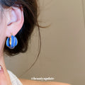 Blue Enamel Wavy Gold Tone Statement Hoop Earrings view 3