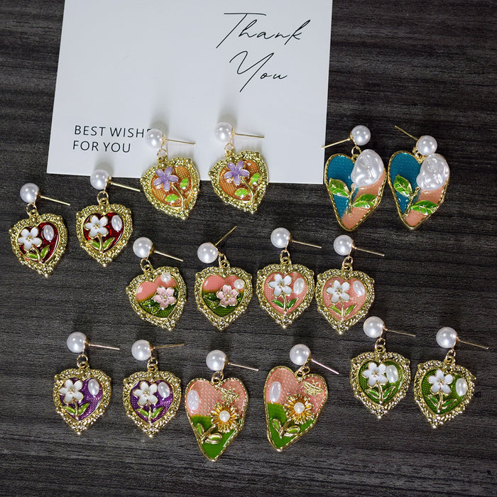 Gold Heart Enamel Floral Pearl Drop Earrings 8 Styles