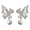 Silver Butterfly Pink Flower Pearl Drop Stud Earrings view 5