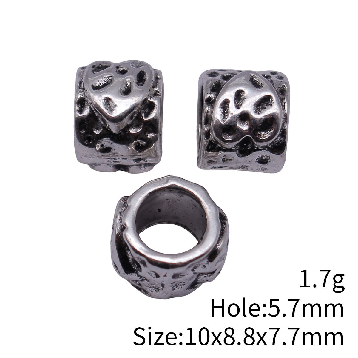 10x8.8x7.7mm 1.7g Antique Silver Tone Zinc Alloy Hammered Heart Texture Large Hole Spacer Beads for Bracelet