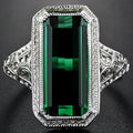 Silver Green Rectangle Filigree Cocktail Ring Sizes 6-10 view 2
