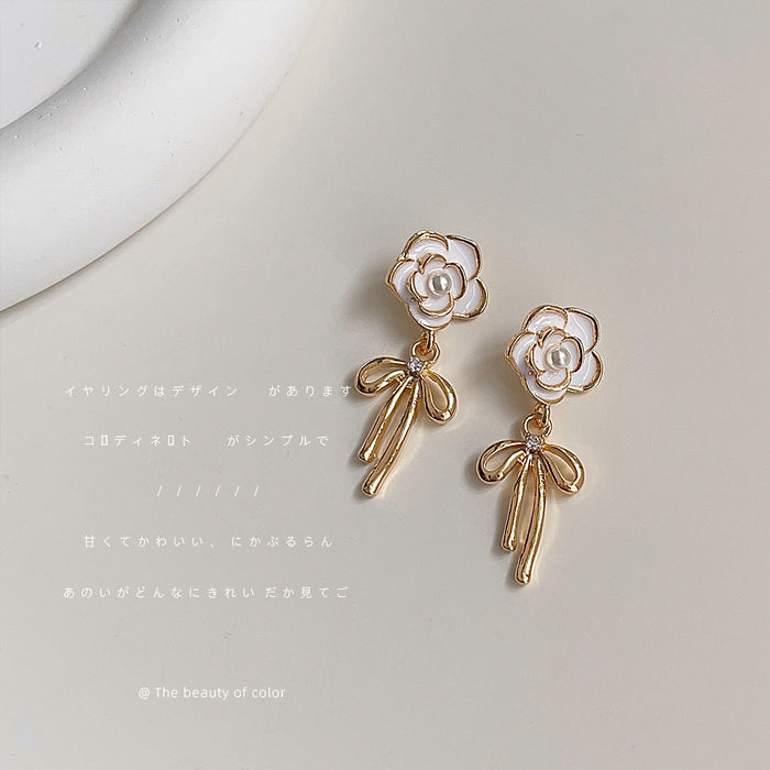 White Enamel Camellia Stud Gold Bow Drop Earrings Pair
