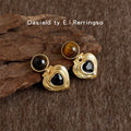 Gold Tiger Eye Stud Ribbed Heart Black Stone Drop Earrings view 3