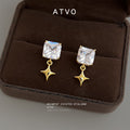 Square Clear Crystal Stud Earrings Gold Star Dangles view 4