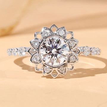 Round Crystal Sunburst Ring with Pavé Silver Tone Band