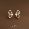 Gold Tone Clear Stone Butterfly Wing Pearl Center Stud Earrings view 4