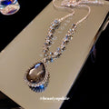 Silver Smoky Gray Teardrop Crystal Pendant V Necklace view 4