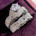 Round Halo And Marquise Floral Band Two-Ring Set In Silver Tone view 3