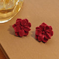 Burgundy Flocked Double Layer Flower Statement Stud Earrings view 4