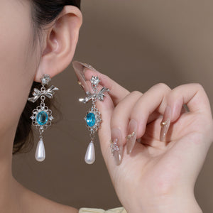 Bow Dangle Earrings with Blue Oval Stone and Pearl-Look Drop, Silver-Tone Alloy