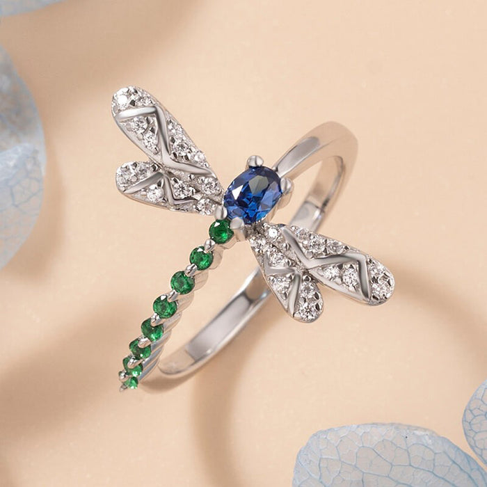 Blue And Green Stone Dragonfly Ring In Polished Silver Tone