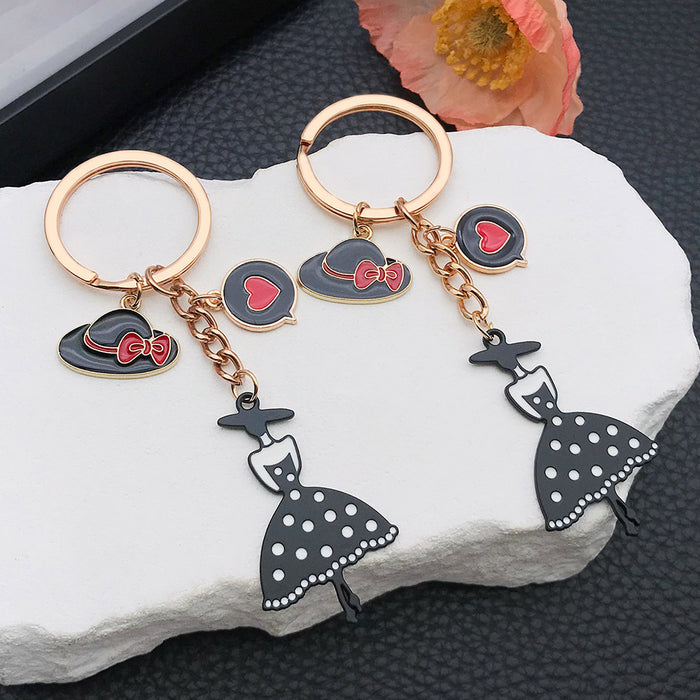 Black Polka Dot Dress Hat and Heart Metal Keychain