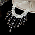 Faux Pearl Cross Star Tassel Necklace And Earring Set view 6