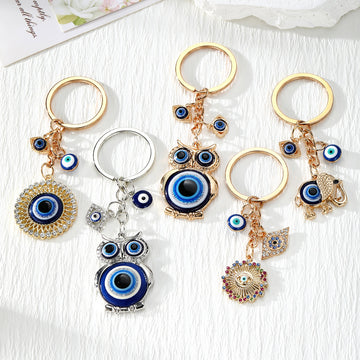 Blue Evil Eye Owl, Elephant and Round Metal Keychains