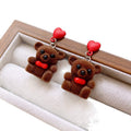 Brown Flocked Teddy Bear Red Heart Studs and Necklace view 5