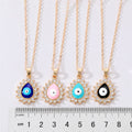 Gold Tone Crystal Halo Teardrop Evil Eye Pendant Necklaces in Four Colors view 5