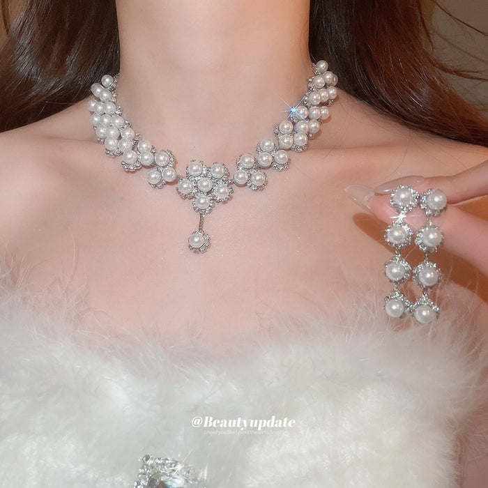 White Pearl Floral Necklace And Drop Earring Jewelry Set