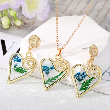 Gold Tone Pressed Flower Heart Necklace and Earring Sets