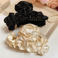 Black Ruffled Fabric Claw Hair Clip With Pearl Accent view 4