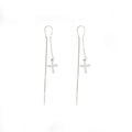 Silver Crystal Pave Cross Long Threader Chain Earrings view 5