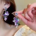 Purple Floral Crystal Hoop Drop Statement Stud Earrings view 1