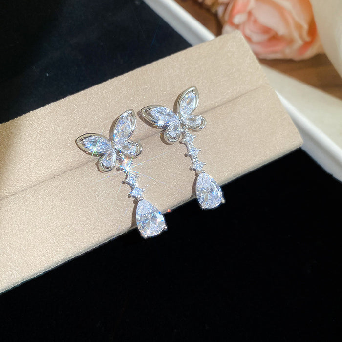 Silver Crystal Floral Drop Stud Earrings Fashion Jewelry Accessory