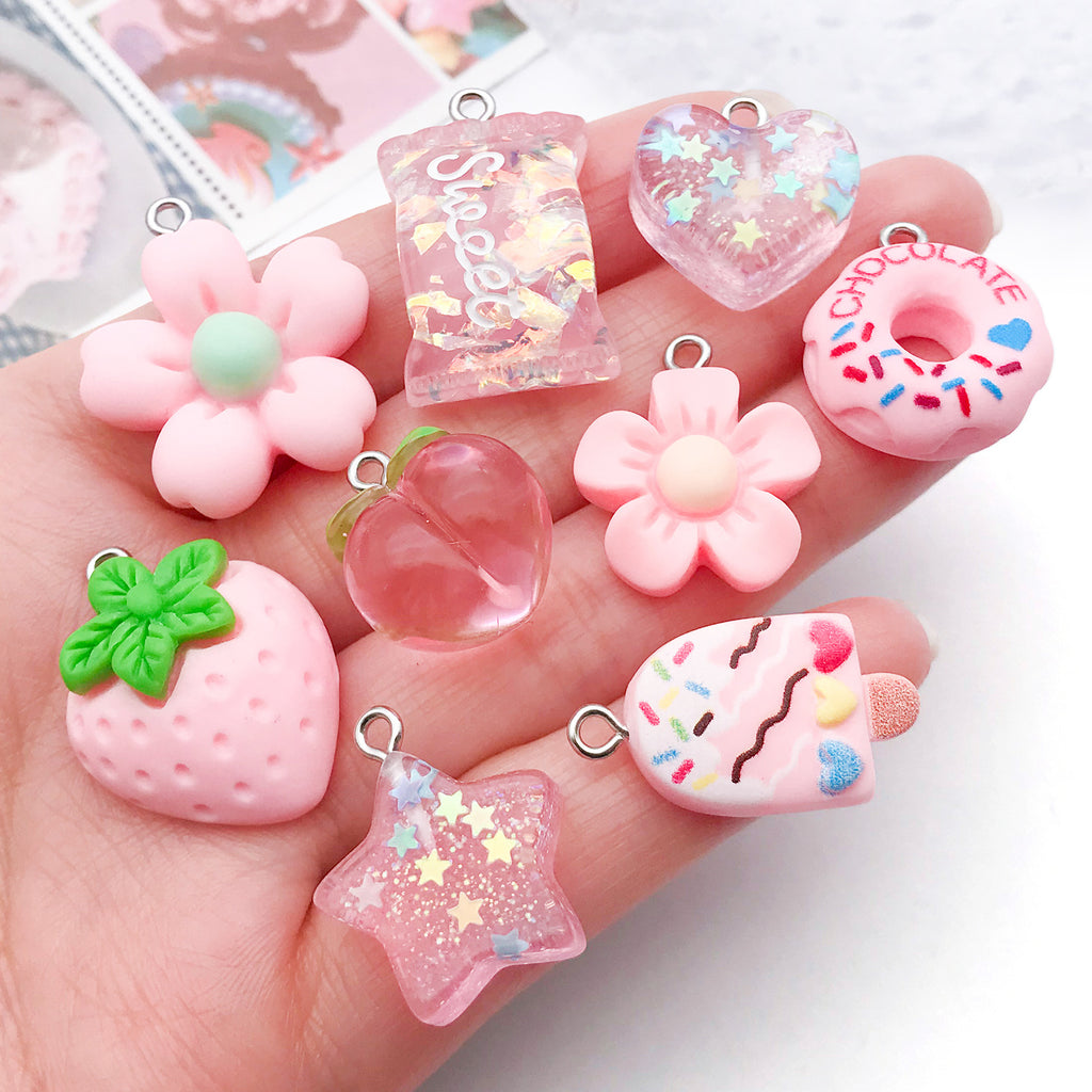 Pink Resin Flower Strawberry Mushroom Donut Charm Pendants for DIY Bracelet Necklace