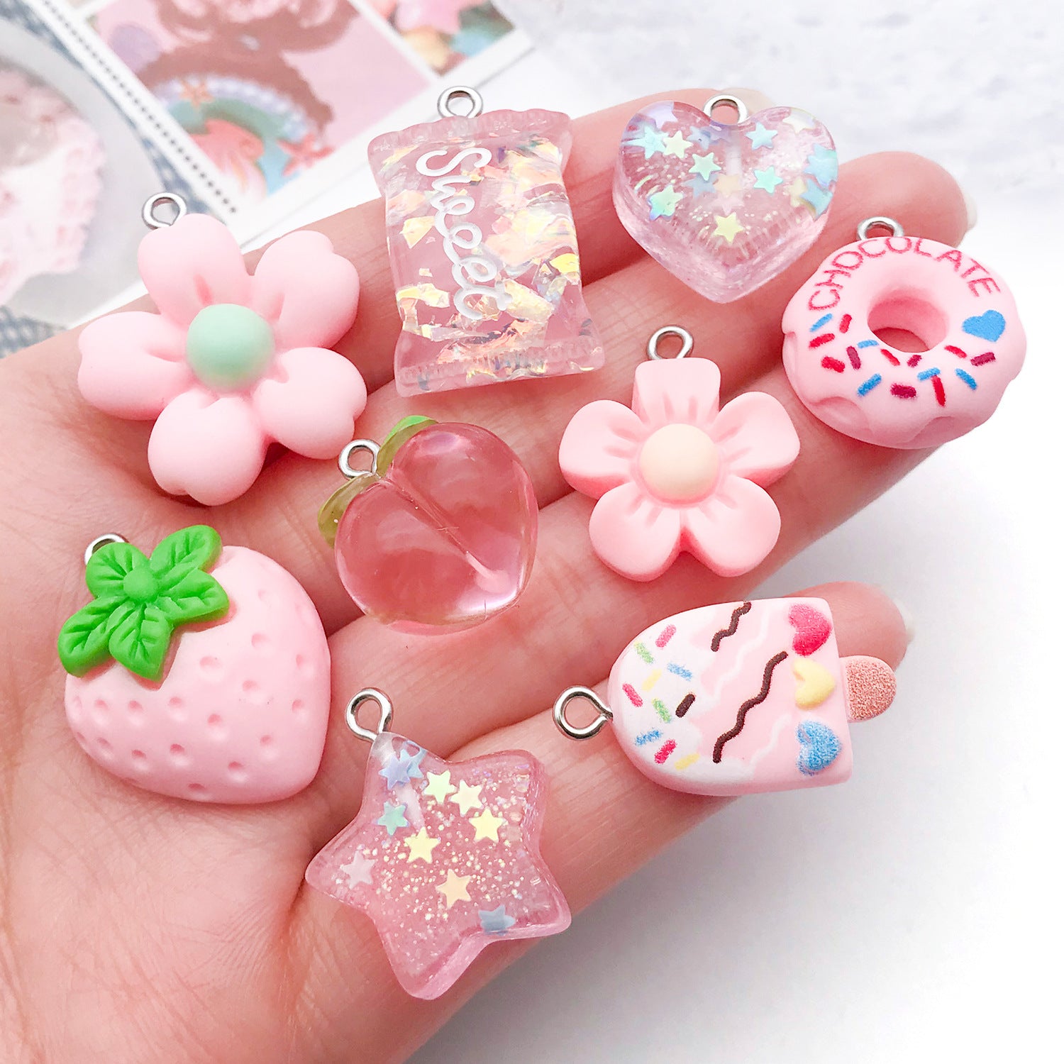 Pink Resin Flower Strawberry Mushroom Donut Charm Pendants for DIY Bracelet Necklace