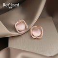 Rose Gold Tone Square Pink Cat Eye Clear Halo Stud Earrings view 3