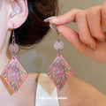 Pink Geometric Wood Drop Earrings with Printed Diamond Panels view 1
