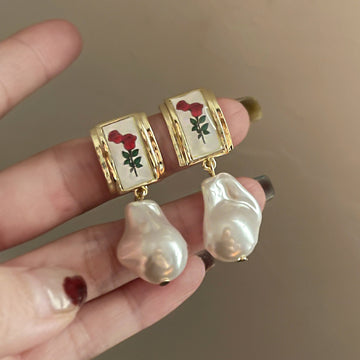 Enamel Floral Tile and Baroque Pearl Drop Earrings