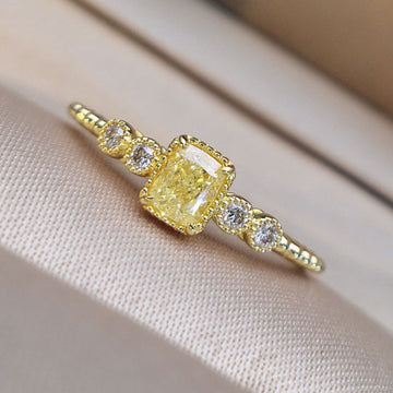 Yellow Cushion Center Three-Stone Slim Ring In Polished Gold Tone