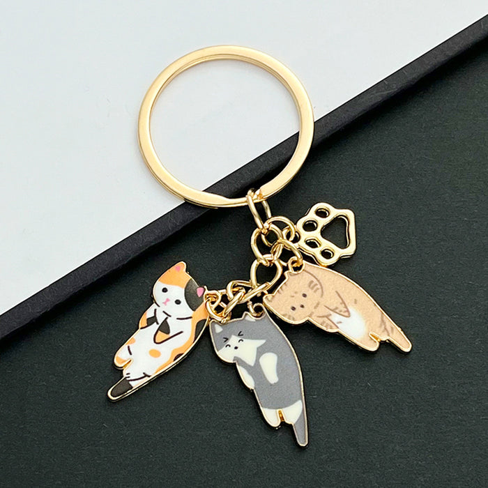 Three-Cat Calico Orange and Blue Enamel Paw Print Charm Keychain