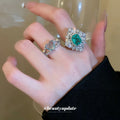 Silver Tone Green Rectangle Statement Ring With Clear Crystal Halo view 2
