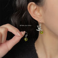 Silver Tone Bird Green Pink Stone Asymmetric Hook Earrings view 2