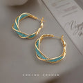 Gold Tone Aqua Enamel Twisted Multi Strand Hoop Earrings view 1